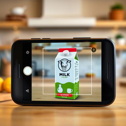 A realistic smartphone screen displaying a scanning interface focused on a milk product carton