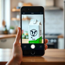 A realistic smartphone screen displaying a scanning interface focused on a milk product carton