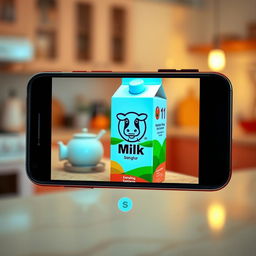 A realistic smartphone screen displaying a scanning interface focused on a milk product carton