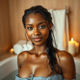 A beautiful brown-skinned woman gracefully standing in a softly lit bathroom after a relaxing bath