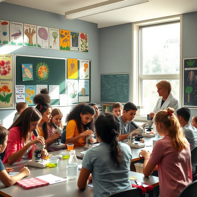 A vibrant and engaging biology classroom scene, featuring diverse students actively engaged in a hands-on assessment activity