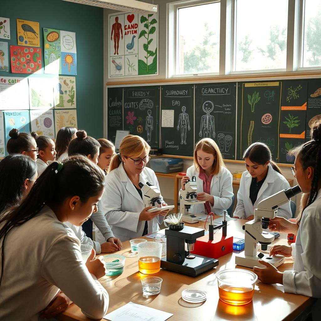 A vibrant and engaging biology classroom scene, featuring diverse students actively engaged in a hands-on assessment activity