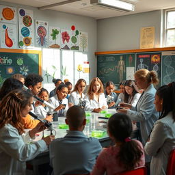 A vibrant and engaging biology classroom scene, featuring diverse students actively engaged in a hands-on assessment activity