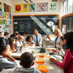 A vibrant and engaging biology classroom scene, featuring diverse students actively engaged in a hands-on assessment activity