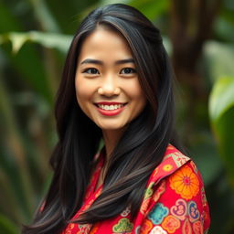 A portrait of a confident Southeast Asian woman with striking features, showcasing her long dark hair styled elegantly