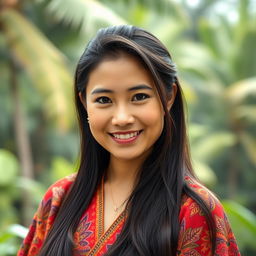 A portrait of a confident Southeast Asian woman with striking features, showcasing her long dark hair styled elegantly