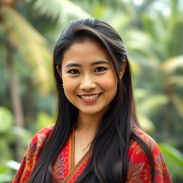 A portrait of a confident Southeast Asian woman with striking features, showcasing her long dark hair styled elegantly
