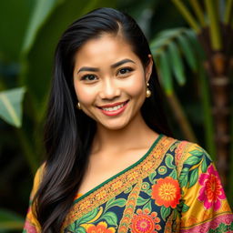 A portrait of a confident Southeast Asian woman with striking features, showcasing her long dark hair styled elegantly