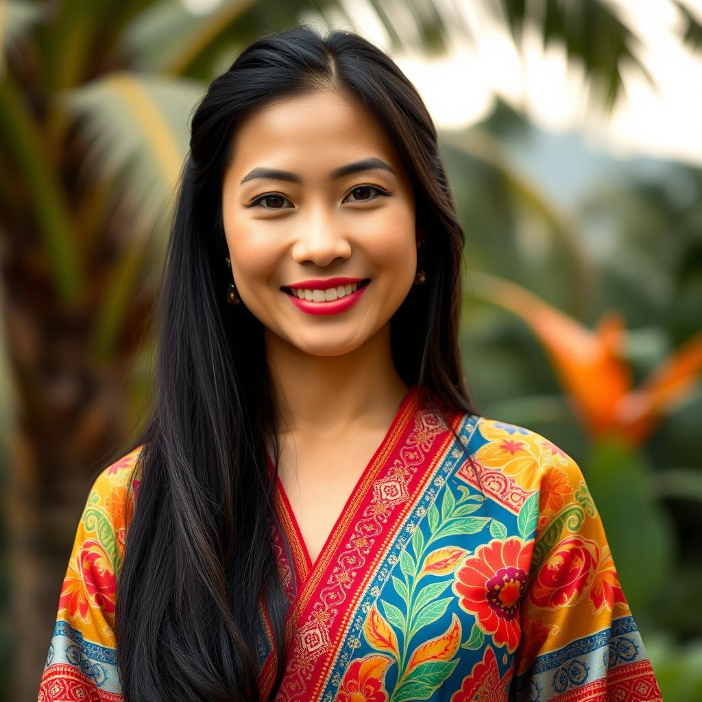 A portrait of a confident Southeast Asian woman with striking features, showcasing her long dark hair styled elegantly