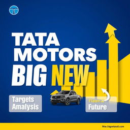 A visually engaging graphic design featuring the text "TATA MOTORS BIG NEWS" prominently displayed in bold typography with contrasting colors of white, blue, and yellow