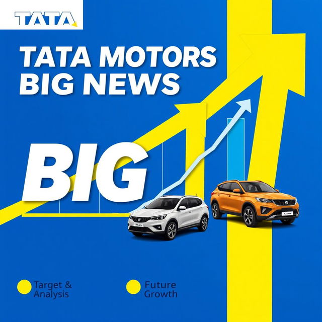 A visually engaging graphic design featuring the text "TATA MOTORS BIG NEWS" prominently displayed in bold typography with contrasting colors of white, blue, and yellow