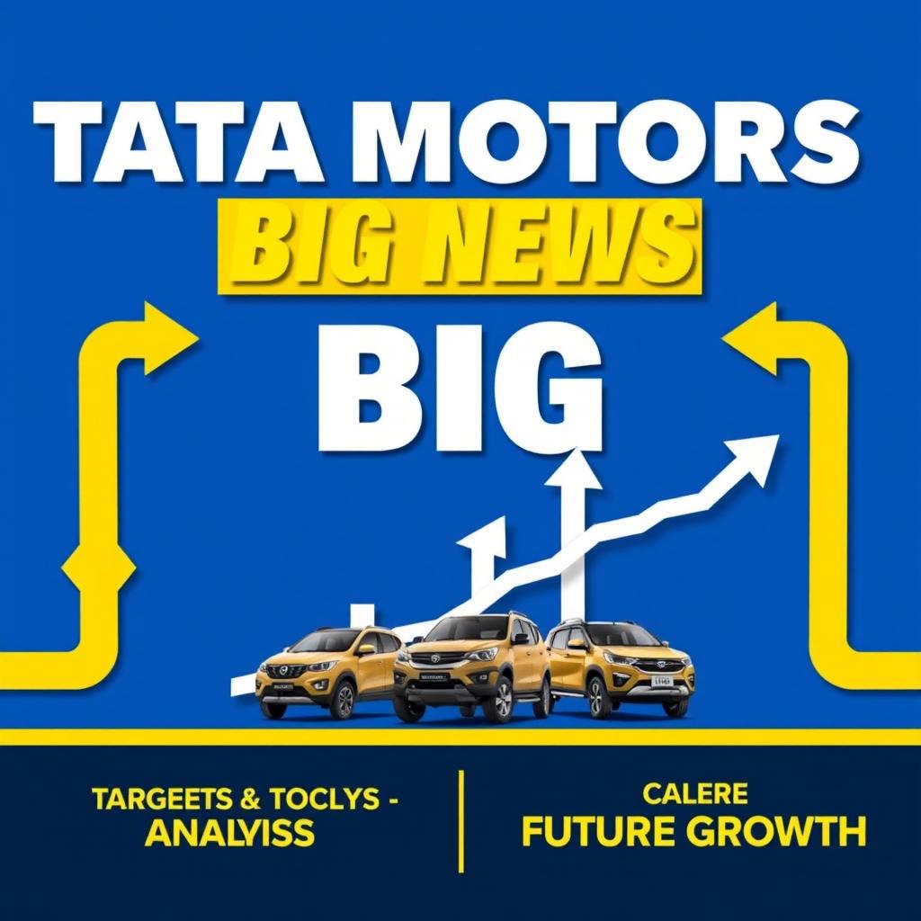 A visually engaging graphic design featuring the text "TATA MOTORS BIG NEWS" prominently displayed in bold typography with contrasting colors of white, blue, and yellow