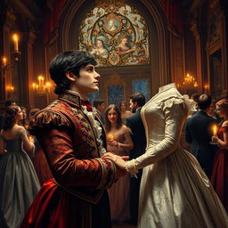 An intricate painting depicting the iconic moment of Romeo and Juliet's first meeting at the Capulet's party