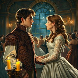 An intricate painting depicting the iconic moment of Romeo and Juliet's first meeting at the Capulet's party