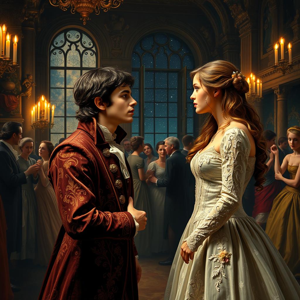 An intricate painting depicting the iconic moment of Romeo and Juliet's first meeting at the Capulet's party