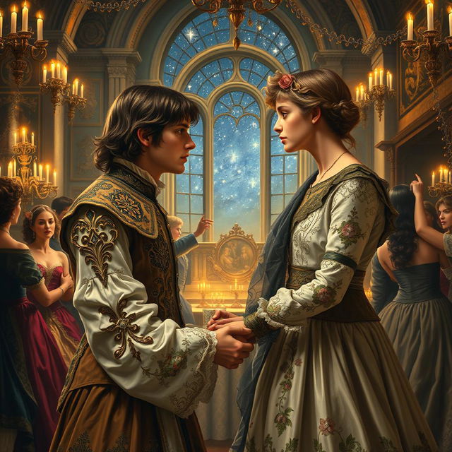 An intricate painting depicting the iconic moment of Romeo and Juliet's first meeting at the Capulet's party