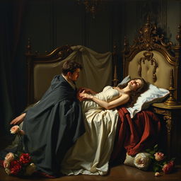 A dramatic painting capturing the tragic scene of Romeo and Juliet's death