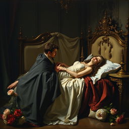 A dramatic painting capturing the tragic scene of Romeo and Juliet's death