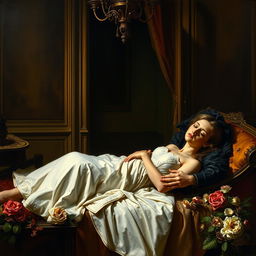 A dramatic painting capturing the tragic scene of Romeo and Juliet's death