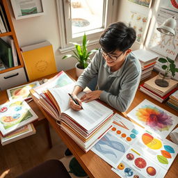 A student diligently preparing a portfolio for a biology lecture in a bright, organized study space