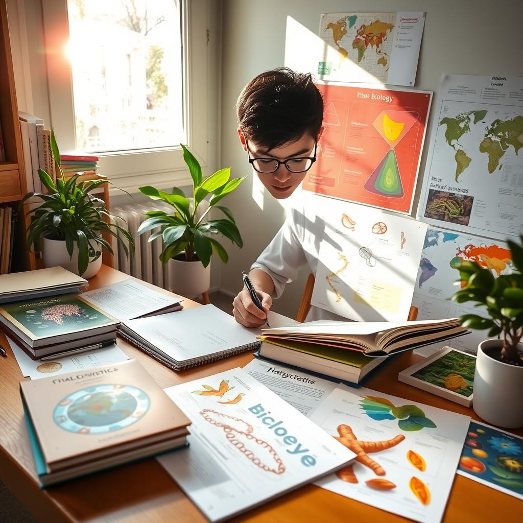 A student diligently preparing a portfolio for a biology lecture in a bright, organized study space