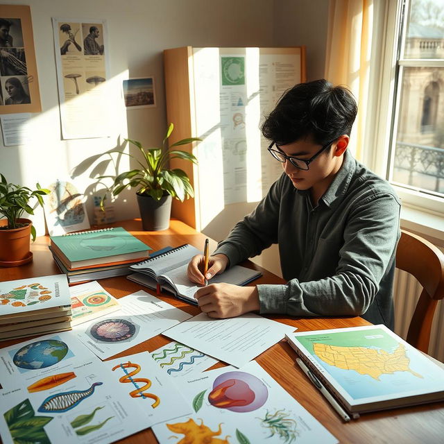 A student diligently preparing a portfolio for a biology lecture in a bright, organized study space