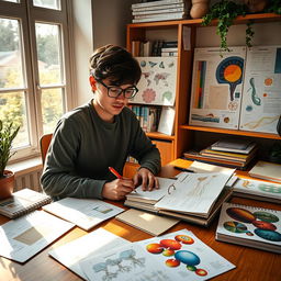 A student diligently preparing a portfolio for a biology lecture in a bright, organized study space