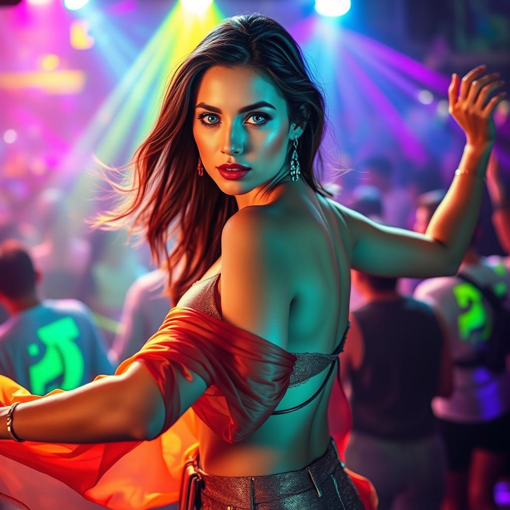 A stunning brunette woman with striking blue eyes elegantly dancing in a vibrant rave atmosphere, surrounded by colorful lights and energetic crowds