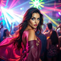 A stunning brunette woman with striking blue eyes elegantly dancing in a vibrant rave atmosphere, surrounded by colorful lights and energetic crowds
