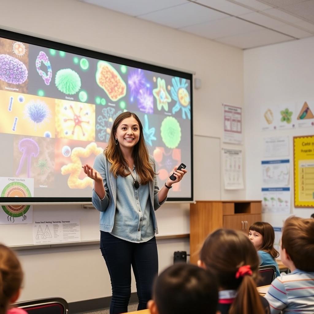 A female student confidently presenting a colorful and engaging presentation on microorganisms in a biology classroom