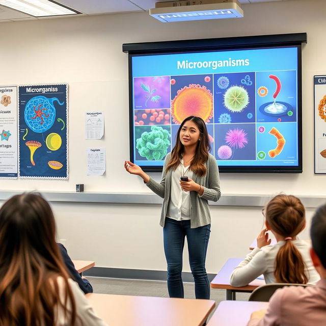 A female student confidently presenting a colorful and engaging presentation on microorganisms in a biology classroom