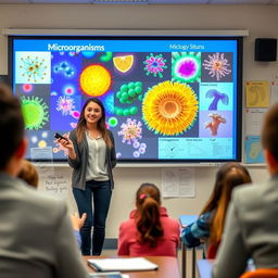 A female student confidently presenting a colorful and engaging presentation on microorganisms in a biology classroom