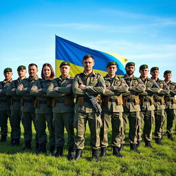 A powerful portrait of a division of Ukrainian military MPs in full uniform, standing confidently with their arms crossed, showcasing unity and strength
