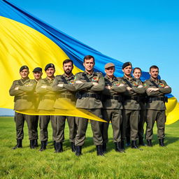 A powerful portrait of a division of Ukrainian military MPs in full uniform, standing confidently with their arms crossed, showcasing unity and strength