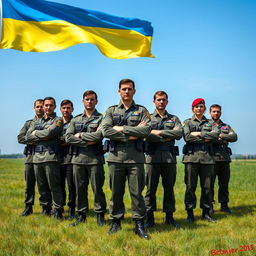 A powerful portrait of a division of Ukrainian military MPs in full uniform, standing confidently with their arms crossed, showcasing unity and strength