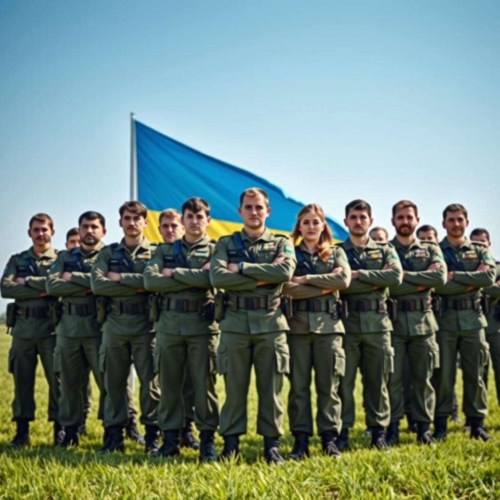 A powerful portrait of a division of Ukrainian military MPs in full uniform, standing confidently with their arms crossed, showcasing unity and strength