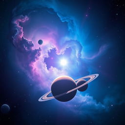 A stunning cosmic scene featuring the bright star "Luz de Astra" shining vividly in a deep, expansive space
