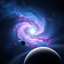 A stunning cosmic scene featuring the bright star "Luz de Astra" shining vividly in a deep, expansive space