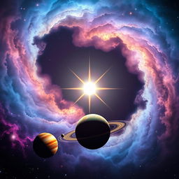 A stunning cosmic scene featuring the bright star "Luz de Astra" shining vividly in a deep, expansive space
