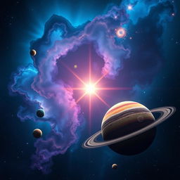 A stunning cosmic scene featuring the bright star "Luz de Astra" shining vividly in a deep, expansive space