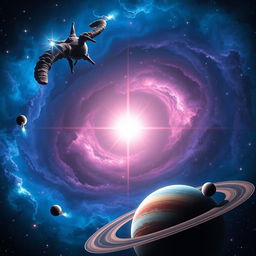 A stunning cosmic scene featuring the bright star "Luz de Astra" shining vividly in a deep, expansive space