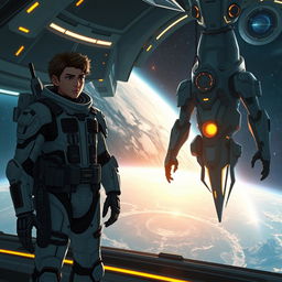 A captivating futuristic scene depicting the orbital colony called Astra floating in space, with sleek, luminous architecture and a stunning view of the devastated planet Gaia in the background