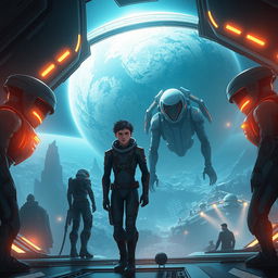 A captivating futuristic scene depicting the orbital colony called Astra floating in space, with sleek, luminous architecture and a stunning view of the devastated planet Gaia in the background