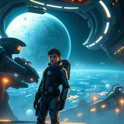A captivating futuristic scene depicting the orbital colony called Astra floating in space, with sleek, luminous architecture and a stunning view of the devastated planet Gaia in the background