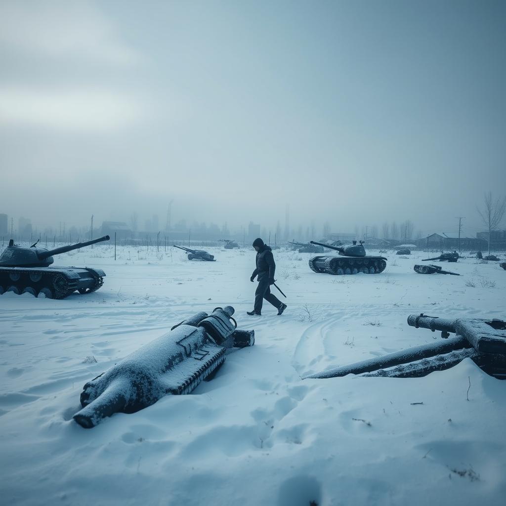 A dramatic landscape depicting a frozen conflict in Ukraine, showcasing a snowy battlefield with abandoned military equipment covered in frost