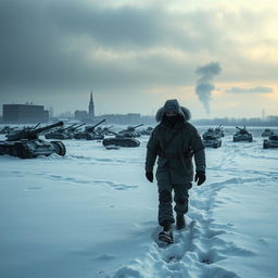A dramatic landscape depicting a frozen conflict in Ukraine, showcasing a snowy battlefield with abandoned military equipment covered in frost