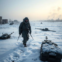 A dramatic landscape depicting a frozen conflict in Ukraine, showcasing a snowy battlefield with abandoned military equipment covered in frost