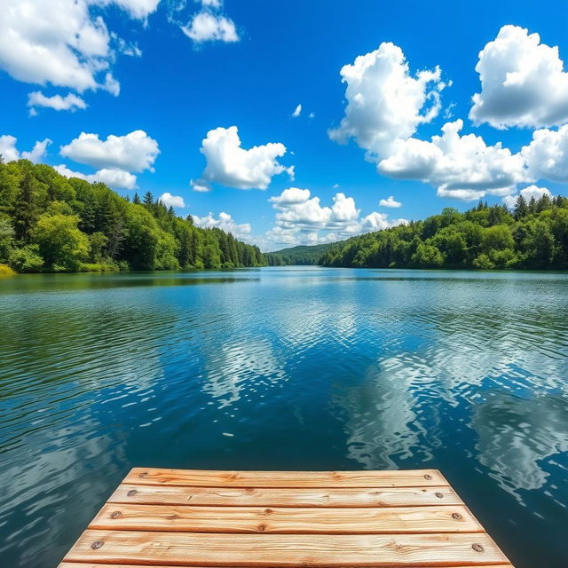 A serene landscape featuring a tranquil lake surrounded by lush green trees, under a bright blue sky with fluffy white clouds