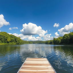 A serene landscape featuring a tranquil lake surrounded by lush green trees, under a bright blue sky with fluffy white clouds