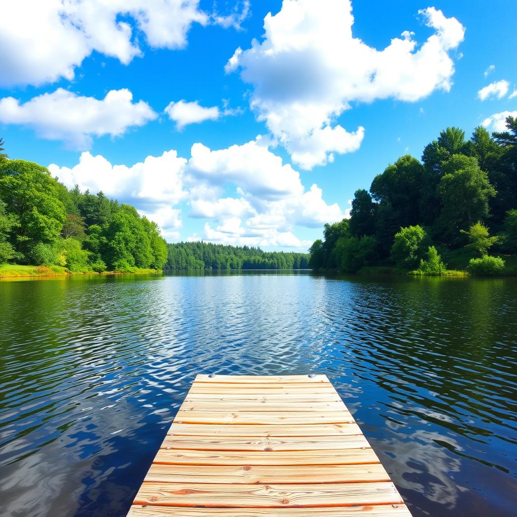 A serene landscape featuring a tranquil lake surrounded by lush green trees, under a bright blue sky with fluffy white clouds